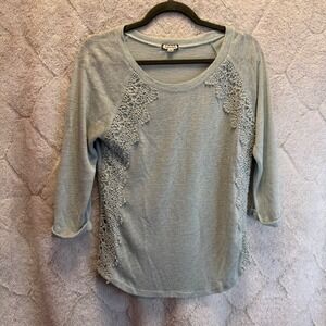 Eyeshadow Top Womens M Blue Crochet Lace 3/4 Sleeve Boho Y2K Rayon Knit Shirt